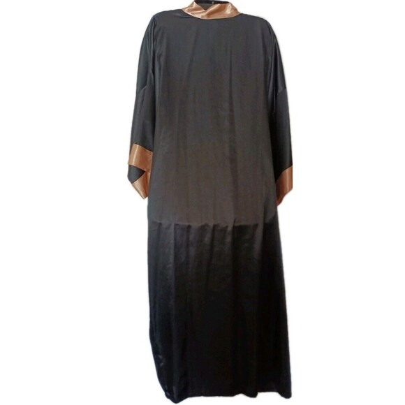 Serenada Satin Kimona Robe Plus Size 1X Black Gold Floral Embroidery Long Satin - Picture 2 of 7
